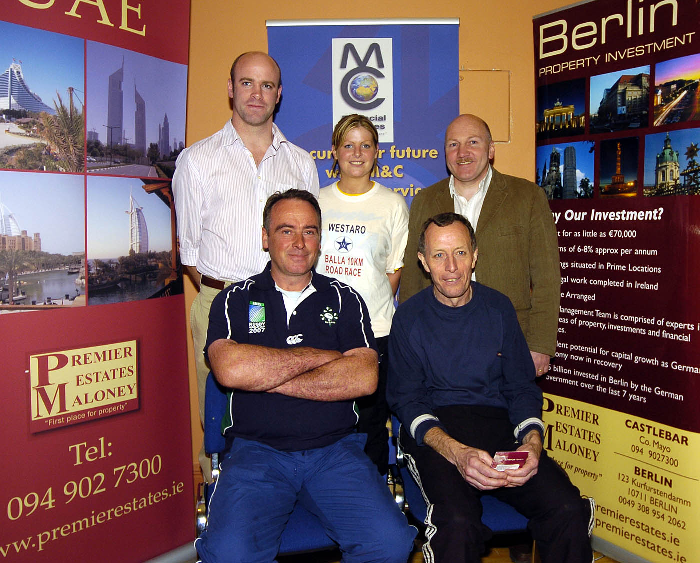 Balla 13th Annual 10K Road Race 2007, a group of winners of the Mens Over 50 Section pictured with some of the sponsors Front L-R: Jimmy Finnegan 3rd, Vincent Flannery 1st Sligo AC. Back L-R: Clive Casey Premier Estates Maloney, Sponsor Denise McIntyre Elvery Sports, Sponsor Tom Connolly Premier Estates Maloney Sponsor. Photo  Ken Wright Photography 2007