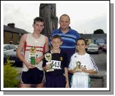 Balla 13th Annual 10K Road Race 2007 Winners in the Boys Junior Section L-R: Daniel Murray 1st , Aaron McLoughlin 2nd , Cormac Blenheim 3rd  pictured with Donagh Gilmartin (Sheebeen Bar Balla Sponsor). Photo  Ken Wright Photography 2007. 