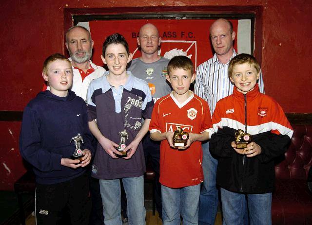 Ballyglass Football Club Youths Awards presentations held in the Squealing Pig Ballyglass Front L-R: Brian Walsh (Under 11s player of the year), Declan Feerick (Under 12s player of the year), Alan Morris (Under 12s most improved player)John Walsh (Under 11s most improved player), Back L-R:Tommy Joe Walsh (Coach), 
Paul Byrne (Mayo Development Officer AFI), Charlie OMalley (Coach),Photo  Ken Wright Photography 2007

