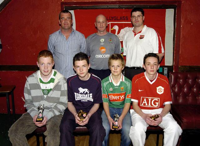 Ballyglass Football Club Youths Awards presentations held in the Squealing Pig Ballyglass Front L-R: Ryan Connolly (Under 14s player of the year), Paul Mannion (Under 14s most improved player), Conor Keane (Under 13s player of the year), Darren Flannery (Under 13s most improved player). Back L-R: Joe Regan  (Assistant Manager), Paul Byrne (Mayo Development Officer AFI), Martin OConnor (Team Manager).: Photo  Ken Wright Photography 2007

