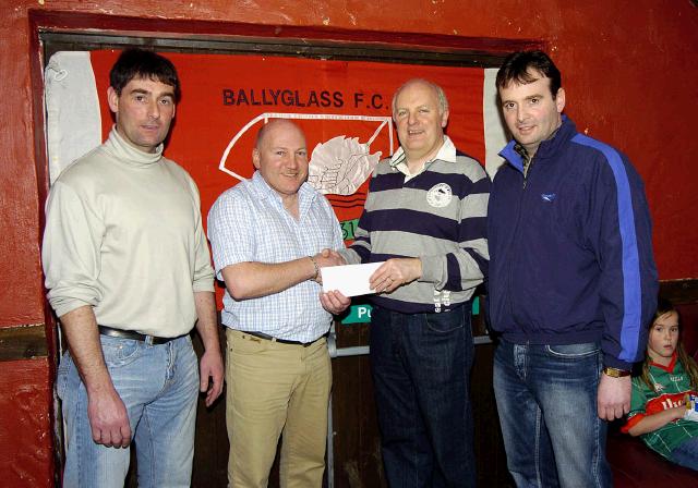 Ballyglass Football Club Youths Awards presentations held in the Squealing Pig Ballyglass Tom Connolly presenting a sponsorship cheque on behalf of M & C Financial Services and Premier Estates Maloney for the forthcoming Ballyglass  golf  classic which will be played in June at Ballinrobe Golf Club. L-R: Ray Prendergast, Tom Connolly, Joe Sheridan, Cyril Burke: Photo  Ken Wright Photography 2007

