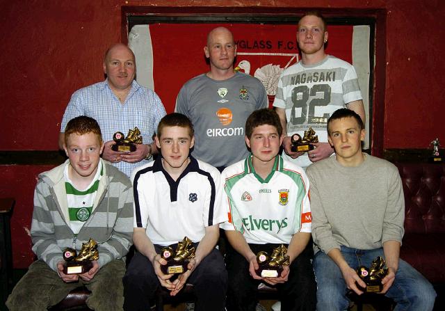 Ballyglass Football Club Youths Awards presentations held in the Squealing Pig Ballyglass Appreciation Awards Front L-R: Ryan Connolly, Alan Jennings, Danny Mahon, Niall Sheridan.Back L-R: Tom Connolly representing Dean Connolly, Paul Byrne (Mayo Development Officer AFI), Evan Connolly,: Photo  Ken Wright Photography 2007

