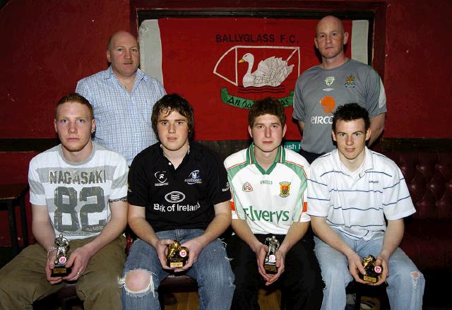 Ballyglass Football Club Youths Awards presentations held in the Squealing Pig Ballyglass Front L-R: Evan Connolly Under 17s player of the year), Neil McGurrin (Under 18s most improved player), Danny Mahon (Under 18s player of the year), 
Colm Connor (Under 17s most improved player). Back L-R: Tom Connolly,  Paul Byrne (Mayo Development Officer AFI), :Photo  Ken Wright Photography 2007
