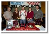 Mayo Rollerbowl Castlebar Inter Business League Bowling Competition sponsored by Mulroys Service Stations and Supermarket and Togher Tyres, presentations in Hogs Heaven 1st place plate winners from Allergan Westport L-R:  Joe Togher (sponsor), Stephanie Quinn, Ger Corrigan, Karen Gaughan, Colum Mulroy (sponsor). Photo  Ken Wright Photography 2007.  