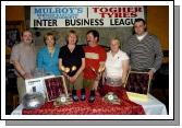 Mayo Rollerbowl Castlebar Inter Business League Bowling Competition sponsored by Mulroys Service Stations and Supermarket and Togher Tyres, presentations in Hogs Heaven 2nd place plate winners from Roadstone Castlebar L-R:  Joe Togher (sponsor), Cora Mulroy (sponsor), Nora Ansboro, Vincent Leonard, Ina Hopkins,  Colum Mulroy (sponsor). Photo  Ken Wright Photography 2007.  