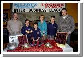 Mayo Rollerbowl Castlebar Inter Business League Bowling Competition sponsored by Mulroys Service Stations and Supermarket and Togher Tyres, presentations in Hogs Heaven 1st place winners from Cleary Painters Castlebar L-R:  Joe Togher (sponsor), Ian Kelly, Kevin Quinn, Cora Mulroy, Dean Cleary, Colum Mulroy (sponsor). Photo  Ken Wright Photography 2007.  