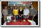 Mayo Rollerbowl Castlebar Inter Business League Bowling Competition sponsored by Mulroys Service Stations and Supermarket and Togher Tyres, presentations in Hogs Heaven 3rd  place from Baxter Healthcare Castlebar L-R:  Joe Togher (sponsor), Tom Cresham, Christina Madden, Bernadette Reilly, Noel Meehan, Colum Mulroy (sponsor). Photo  Ken Wright Photography 2007.  

