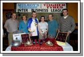 Mayo Rollerbowl Castlebar Inter Business League Bowling Competition sponsored by Mulroys Service Stations and Supermarket and Togher Tyres, presentations in Hogs Heaven 4th place from Barnahollow. L-R:  Joe Togher (sponsor), Cora Mulroy (sponsor), Thomas  Pertil, Priscilla Pertil, Tom Pertil, Colum Mulroy (sponsor). Photo  Ken Wright Photography 2007.

