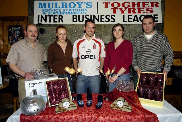 Mayo Rollerbowl Castlebar Inter Business League Bowling Competition sponsored by Mulroys Service Stations and Supermarket and Togher Tyres, presentations in Hogs Heaven 1st place plate winners from Allergan Westport L-R:  Joe Togher (sponsor), Stephanie Quinn, Ger Corrigan, Karen Gaughan, Colum Mulroy (sponsor). Photo  Ken Wright Photography 2007.  