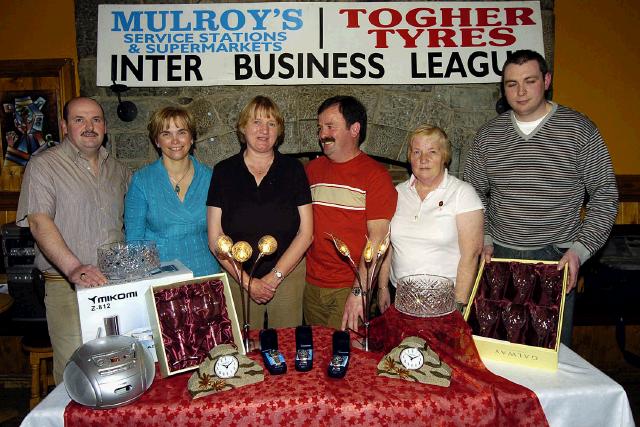 Mayo Rollerbowl Castlebar Inter Business League Bowling Competition sponsored by Mulroys Service Stations and Supermarket and Togher Tyres, presentations in Hogs Heaven 2nd place plate winners from Roadstone Castlebar L-R:  Joe Togher (sponsor), Cora Mulroy (sponsor), Nora Ansboro, Vincent Leonard, Ina Hopkins,  Colum Mulroy (sponsor). Photo  Ken Wright Photography 2007.  