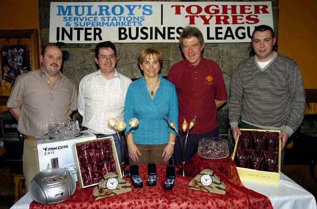 Mayo Rollerbowl Castlebar Inter Business League Bowling Competition sponsored by Mulroys Service Stations and Supermarket and Togher Tyres, presentations in Hogs Heaven 3rd place plate winners from AIB Castlebar L-R:  Joe Togher (sponsor), Patrick Morley, Cora Mulroy (sponsor) , Frank Foy,  Colum Mulroy (sponsor). Missing from photo Carmel Moore and Liam Halpin Photo  Ken Wright Photography 2007. 

