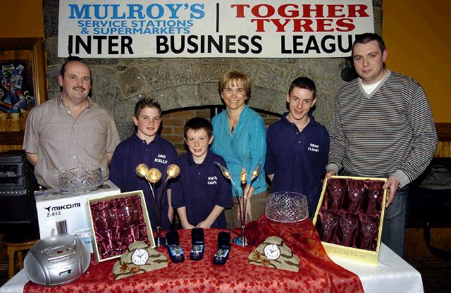 Mayo Rollerbowl Castlebar Inter Business League Bowling Competition sponsored by Mulroys Service Stations and Supermarket and Togher Tyres, presentations in Hogs Heaven 1st place winners from Cleary Painters Castlebar L-R:  Joe Togher (sponsor), Ian Kelly, Kevin Quinn, Cora Mulroy, Dean Cleary, Colum Mulroy (sponsor). Photo  Ken Wright Photography 2007.  