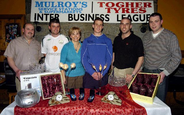 Mayo Rollerbowl Castlebar Inter Business League Bowling Competition sponsored by Mulroys Service Stations and Supermarket and Togher Tyres, presentations in Hogs Heaven 2nd  place from Hurst Heating Castlebar L-R:  Joe Togher(sponsor) ,Alan Culkeen, Cora Mulroy, Chris ODocherty, Wayne Hurst, Colum Mulroy (sponsor). Photo  Ken Wright Photography 2007.  
