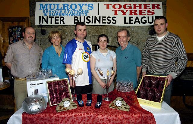 Mayo Rollerbowl Castlebar Inter Business League Bowling Competition sponsored by Mulroys Service Stations and Supermarket and Togher Tyres, presentations in Hogs Heaven 4th place from Barnahollow. L-R:  Joe Togher (sponsor), Cora Mulroy (sponsor), Thomas  Pertil, Priscilla Pertil, Tom Pertil, Colum Mulroy (sponsor). Photo  Ken Wright Photography 2007.

