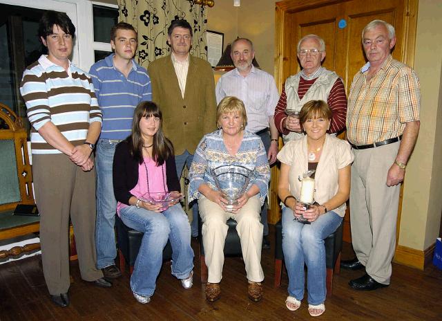 Balla Golf Club presentations held in the Shebeen Bar Balla Stableford competition sponsored by Roches Store Balla Front L-R: Audrey Holian 2nd, Bernie Keane 1st, Carmel Costello gross. Back L-R: Marie Flanagan Lady captain, James Lavin gross, Seamus Holian 1st, Danny Roche (Sponsor), Pat Conlon 3rd, Con Lavin Mens Captain. Missing from photo Colin Gallagher 2nd, Patricia Dylan 3rd Photo  Ken Wright Photography 2007.
