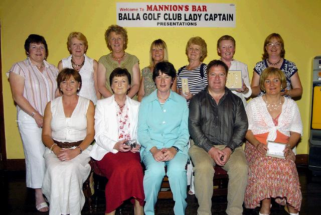 Balla Golf Club Lady Captain Presentations sponsored by John Daly held in Mannions Bar Balla Winners in the Ladies Section Front L-R: Carmel Costello gross, Mary B. Prendergast 1st, Marie Flanagan Lady Captain, John Daly (IFA sponsor), 
Mary Brett 2nd. Back L-R: Norah Heraty 9th, Geraldine OMalley 4th, Breege Moran 8th, Geraldine Evans 6th, Mary Conlon 5th, Bernie Burke 3rd, Breege Jennings 7th.  Photo  Ken Wright Photography 2007. 
