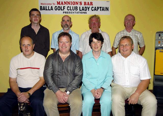 Balla Golf Club Lady Captain Presentations sponsored by John Daly held in Mannions Bar Balla Winners in the Mens Section Front L-R: Martin Moylette 2nd, John Daly (IFA sponsor), Marie Flanagan Lady Captain, Pat Boyle representing Joe Boyle 1st. Back L-R: James Lavin gross, PJ Brett 3rd, Vincent Gibbons 1st in beginners, Seamus Dempsey 2nd in beginners. Photo  Ken Wright Photography 2007. 