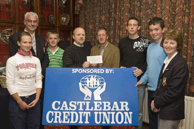 Pictured are a group of Castlebar Golf Club members at the presentation of a sponsorship cheque from Castlebar Credit Union. The sponsorship was presented to the junior golfers for the year 2007. L - R: Aoife McHale, Val Jennings (Captain), Eoin Lisibach, John O'Brien (Castlebar Credit Union), Michael Fahey (Junior Convenor), David Haugh, Michael Flynn, Teresa Reddington (Lady Captain). Photo: Studio 094