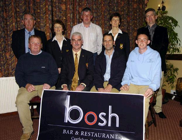 Castlebar Golf Club fundraising AM AM Presentations sponsored by Bosh Bar & Restaurant Linenhall St Castlebar Front L-R: Brian Ainsworth 1st, Val Jennings 1st & Mens Captain, Des Carey (sponsor), David Haugh 1st. Back L-R: John Galvin (Mens President), Teresa Reddington (lady Captain), Peter Horkan 1st, Margaret Tighe (Lady President), Michael McGing (Competition Secretary). Photo  Ken Wright Photography 2007. 