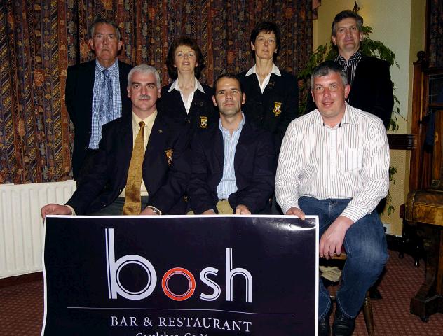 Castlebar Golf Club fundraising AM AM Presentations sponsored by Bosh Bar & Restaurant Linenhall St Castlebar Front L-R: Val Jennings 2nd &  Mens Captain, Des Carey (sponsor), Peter Horkan 2nd. Back L-R: John Galvin (Mens President), Teresa Reddington (lady Captain),  Margaret Tighe (Lady President), Michael McGing (Competition Secretary). Missing from photo Padraic Hurst 2nd John Rice 2nd. . Photo  Ken Wright Photography 2007.

