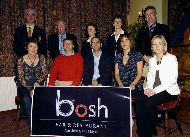 Castlebar Golf Club fundraising AM AM Presentations sponsored by Bosh Bar & Restaurant Linenhall St Castlebar Front L-R: Barbara Beirne , Colin Dawson, Des Carey (sponsor), Sarah Beirne., Dervla Molloy. Back L-R: Val Jennings Mens Captain, John Galvin (Mens President), Teresa Reddington (lady Captain), Margaret Tighe (Lady President), Michael McGing (Competition Secretary). Photo  Ken Wright Photography 2007. 

