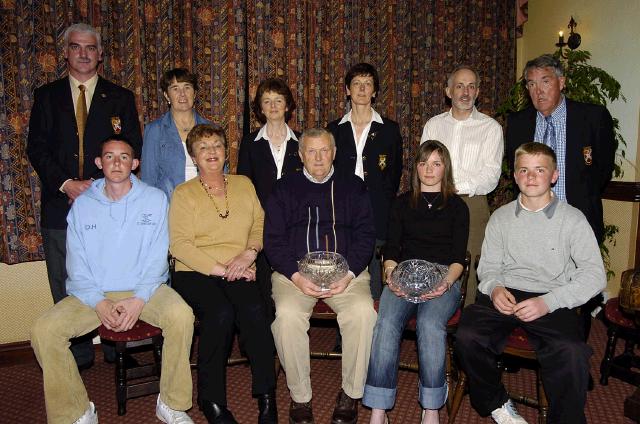 Castlebar Golf Club Presentations Stableford Competition sponsored by Oliver Kelleher Gifts Supreme Linenhall St Castlebar Front L-R: David Haugh (gross), Maura Phelan 4th, Ronnie Lawlor 1st, Eimear Minogue 1st, Eoin Lisabach 2nd. 
Back L-R: Val Jennings Mens Captain, Betty Gannon (Honary Secretary), Teresa Reddington (lady Captain), Margaret Tighe (Lady President), Gerry Daly 3rd, John Galvin (Mens President). Photo  Ken Wright Photography 2007. 
