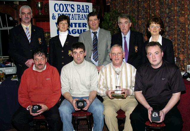 Castlebar Golf Club Presentations sponsored by Coxs Bar & Restaurant Tucker St. Castlebar. Mens Winter League 1st  place Front L-R: Pat Prendergast, Ray Prendergast, Frank OMalley team captain, Declan Prendergast.  Back L-R: Val Jennings Mens Captain, Margaret Tighe Lady President, Paul Doyle (sponsor), John OSullivan Mens President, Teresa Reddington Lady Captain. Photo  Ken Wright Photography 2007