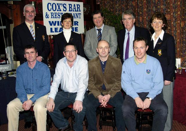 Castlebar Golf Club Presentations sponsored by Cox’s Bar & Restaurant Tucker St. Castlebar. Men’s Winter League 2nd place Front L-R: Conor O’Reilly, David Swift, Eugene Caulfield, Pat Waldron. Back L-R: Val Jennings Men’s Captain, Margaret Tighe Lady President, Paul Doyle (sponsor), John O’Sullivan Men’s President, Teresa Reddington Lady Captain. Photo © Ken Wright Photography 2007
