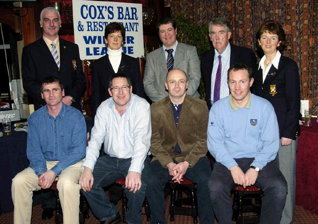 Castlebar Golf Club Presentations sponsored by Coxs Bar & Restaurant Tucker St. Castlebar. Mens Winter League 2nd place Front L-R: Conor OReilly, David Swift, Eugene Caulfield, Pat Waldron.  Back L-R: Val Jennings Mens Captain, Margaret Tighe Lady President, Paul Doyle (sponsor), John OSullivan Mens President, Teresa Reddington Lady Captain. Photo  Ken Wright Photography 2007