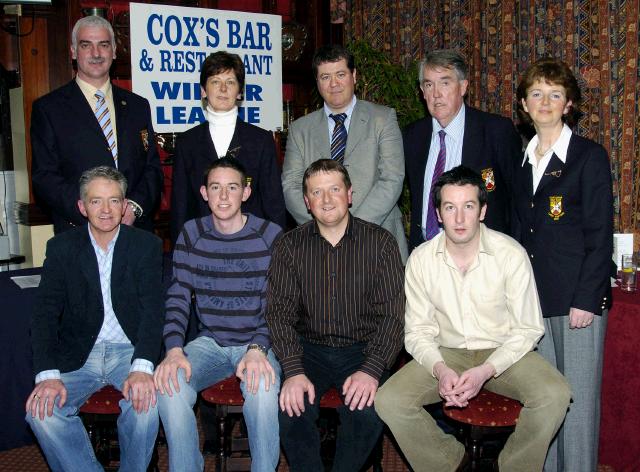 Castlebar Golf Club Presentations sponsored by Coxs Bar & Restaurant Tucker St. Castlebar. Mens Winter League 3rd place Front L-R: Eamonn Coll, David Haugh, Brendan Murphy Team Captain, Michael Staunton, Back L-R: Val Jennings Mens Captain, Margaret Tighe Lady President, Paul Doyle (sponsor), John OSullivan Mens President, Teresa Reddington Lady Captain. Photo  Ken Wright Photography 2007