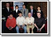 Castlebar Golf Club Presentations sponsored by Coxs Bar & Restaurant Tucker St. Castlebar. Mens Winter League 1st  place Front L-R: Pat Prendergast, Ray Prendergast, Frank OMalley team captain, Declan Prendergast.  Back L-R: Val Jennings Mens Captain, Margaret Tighe Lady President, Paul Doyle (sponsor), John OSullivan Mens President, Teresa Reddington Lady Captain. Photo  Ken Wright Photography 2007