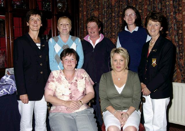 Castlebar Golf Club Open Week Presentations Four Ball Better Ball sponsored by Al Muretto Tucker St  Castlebar. Front L-R: Debbie Judge 1st, Deidre Moylette 1st, Back L-R: Margaret Tighe Lady president, Mary Rose McNulty 3rd, Sheila Baines 2nd, Elaine Rowley 2nd, Teresa Reddington Lady Captain. Missing from photo Breta Fitzmaurice 3rd. Photo  Ken Wright Photography 2007.  

