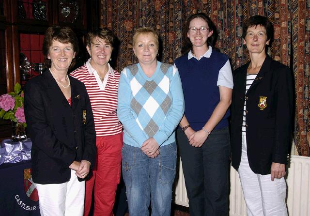 Castlebar Golf Club Open Week Presentations 18 Hole Stableford sponsored by Ketterick Butchers Hopkins Rd Castlebar. L-R: Teresa Reddington Lady Captain, Betty Gannon Competition Secretary, Mary Rose McNulty 2nd, Elaine Rowley 3rd, Margaret Tighe Lady president, Missing from photo Kate Gallory 1st . Photo  Ken Wright Photography 2007.  

