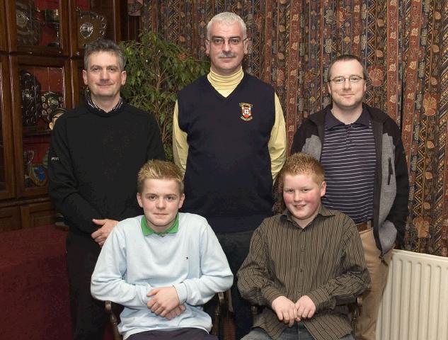 Pictured are the winners of a Castlebar Golf Club Men's competition. Front L - R: Eoin Lisibach (gross), Niall Fahey (2nd). Back L - R: Michael McGing (competition secretary), Val Jennings (Captain), David Molloy (1st). Photo: Studio 094