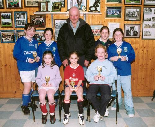 Manulla Girls u-12 Blitz Winners and Runners Up pictured with John Flynn sponsor of the trophies. Jennifer Dempseys Team Front L-R: Amie Gilligan, Aileen Collins, Maria Walsh, 
Back L-R: Lisa Kinsella, Aisling Roughneen, John Flynn (sponsor), Siobhan Jennings, and Jennifer Dempsey: Photo  Ken Wright Photography 2004 

