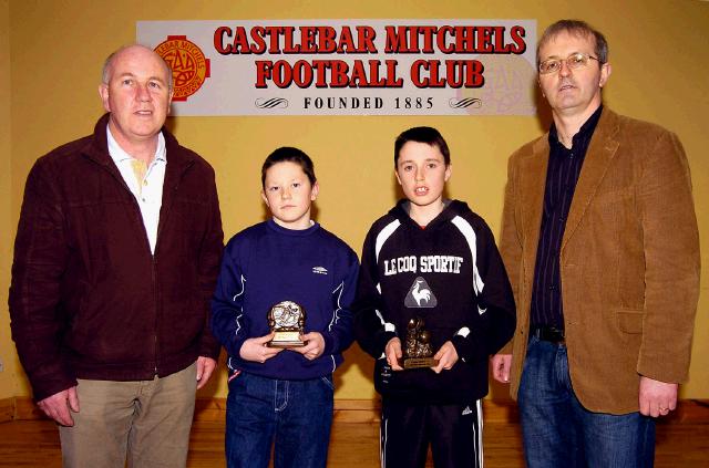 Castlebar Mitchels Bord na nOg presentations held in an Sportlann L-R: Ger Murphy (Chairman Bord na nOg), Sean Conlon (U-12 Player of the Year), Danny Foy  (U-12 Most Improved Player of the Year), Michael Ludden (Under 12 Manager). Photo  Ken Wright Photography 2008. 
