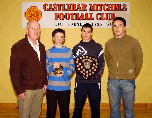 Castlebar Mitchels Bord na nOg presentations held in an Sportlann L-R: Ger Murphy (Chairman Bord na nOg), Ronan Ludden (U-14 Most Improved Player of the Year), Joseph Redmond (U-14 Player of the Year recipient of the Berni Joyce Perpetual Trophy), Alan Joyce .Photo  Ken Wright Photography 2008. 