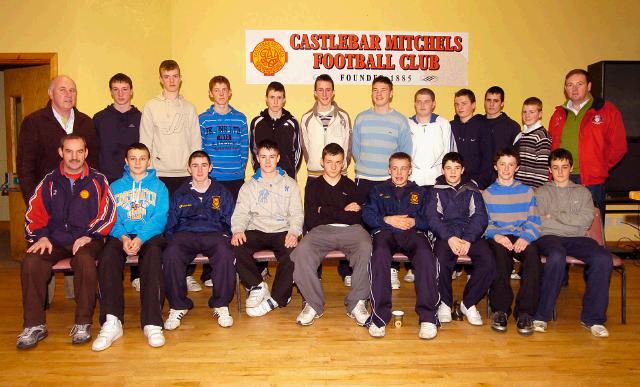 Castlebar Mitchels Bord na nOg presentations held in an Sportlann Front L-R: Des McGowan, Tony Sweeney, Ger Redmond, Cian Costello, Liam Conlon, Shane Irwin, Ciaran Gavin, Ronan Ludden, Kenneth Kilcoyne. Back L-R: Ger Murphy (Chairman Bord na nOg), Adrian Rock, Danny Kirby, Paul Regan, Mark Durkan, David Stenson, Fergal Larkin, Nigel Naughton, Liam Nevin, Joseph Redmond, Nathan OMalley, George Gannon (Team Coach).  Photo  Ken Wright Photography 2008. 

