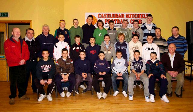 Castlebar Mitchels Bord na nOg presentations held in an Sportlann Front L-R: Keith Egan, Alan Flynn, Luke Ruddy, James Durkan, Stephen Walsh, Patrick Donnelly, Ger Murphy (Chairman Bord na nOg). Middle Row L-R: Jimmy Feeney, Jodie Munnelly, Matt Flynn, Adam Murphy, Jamie Lydon, Kevin Costello, Jake Gannon, Daniel Munnelly, Michael Fahy, Rory Quinn, Martin Coleman, Back L-R: Martin McHugh, Donnacha Barry, Brian Coleman, Brian OMalley, Cathal Roche, Niall Feeney, Ryan Sheridan, Cian Gibbons. Photo  Ken Wright Photography 2008