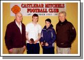 Castlebar Mitchels Bord na nOg presentations held in an Sportlann L-R: Ger Murphy (Chairman Bord na nOg), Stephen Fitzgerald (U-16 Player of the Year), Ciaran Gavin (U-16 Most Improved Player of the Year), Gerry Henry (Under 16 Management). Photo  Ken Wright Photography 2008. 


