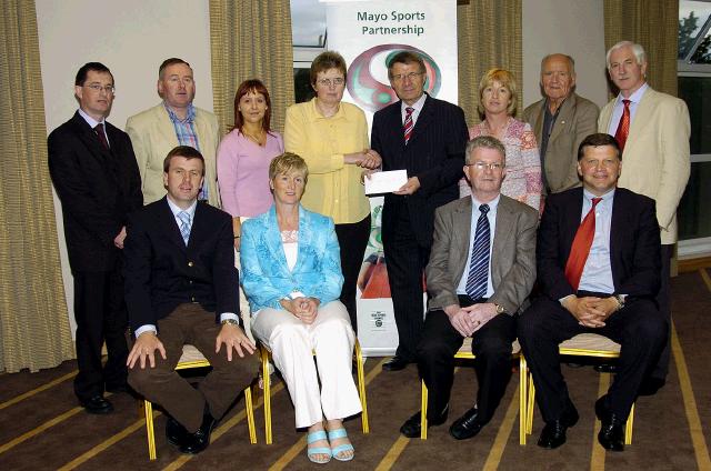 Mayo Sports Partnership 2007 Special Participation Grant Scheme recipients
Pictured in Breaffy International Sports Hotel, Teresa Mangan, Mary Connolly, and Bernie Keane representing Scribbles Community Play and After School receiving their cheque from the members of the Mayo Sports Partnership Board Front L-R: Niall Sheridan (Mayo County Council), Teresa Ward, Tony Cawley, John OMahony (Mayo GAA Team Manager), Back L-R: Gerry McGuinness, Micheal McNamara (Mayo County Council), Teresa Mangan (Playschool Manager), Mary Connolly ( Co-ordinator) , Pat Stanton (Chairman Mayo Sports Partnership Board), Bernie Keane (After School Manager), Mick Loftus, Bernard Comiskey. .Photo  Ken Wright Photography 2007 
