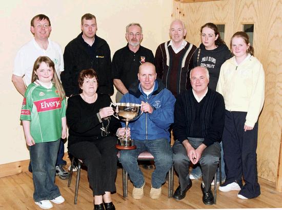 15th Castlebar Open Racquetball Tournament sponsored by Castlebar Credit Union Ltd
Presentation of the Aisling Hynes Memorial Trophy to the Irish Junior Open Winner Pat Keane. Front L-R: Karen Hynes, Geraldine Hynes, Pat Keane, Declan Hynes, Back L-R: Michael Kelly, Kevin Jennings, Michael Haverty, Oliver Moran, Dervla Hynes, Darina Hynes: Photo © Ken Wright Photography 2005