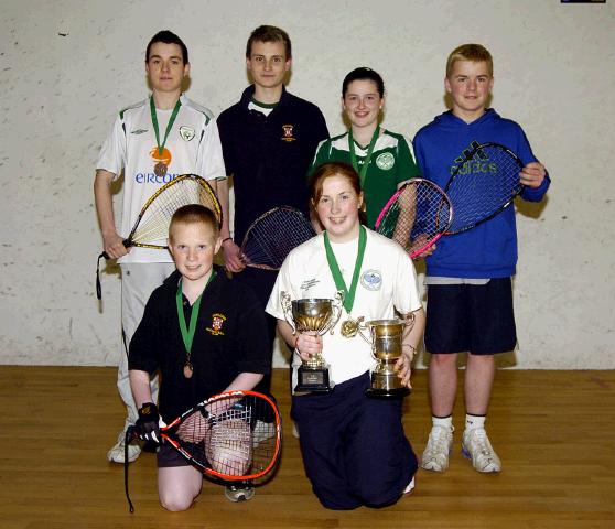 Castlebar Racquetball Club athletes who were medal winners at the All Ireland Racquetball Championships recently held in Kingscourt. Front L-R: Patrick Burke (silver boys under 12), Majella Haverty (All Ireland Champion in Womens Novice Singles and Girls under 16’s singles), Back L-R: Daniel Cuffe (Bronze Boys under 18), Martin Clarke (Silver Boys under 18), Katie Kenny (Silver Girls under 14), Eoin Lisibach (Bronze Boys under 14).Photo © Ken Wright Photography 2007.