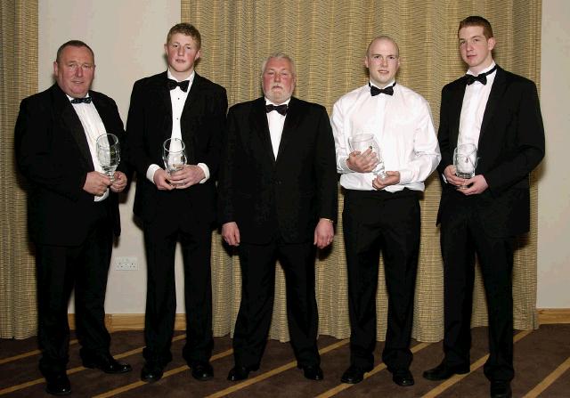 Castlebar Rugby Club Annual Dinner and Presentations held in Breaffy International Sports Hotel Trevor Ardle (President Castlebar Rugby Club). pictured with L-R: Seamus King Clubman of the Year, Shane Casey Youth Player  of the Year , Enda Murphy First Team Player of the Year, Chris Rogan Reserve Player of the Year,. Photo  Ken Wright Photography 2007. 

