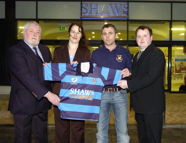 Pictured outside Shaws Department Store Castlebar at a presentation of shirts for the Under age team Castlebar Rugby Club. L-R: Trevor Ardle (President Castlebar Rugby Club), Carmel McTigue (General Manager Shaws Department Store), Michael Hastings (Under age Co-ordinator Castlebar Rugby Club), Nigel Bradley (Retail Manager Shaws Department Store), Photo © Ken Wright Photography 2007.