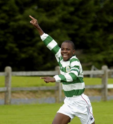 Castlebar Celtic v Westport .Cettic Team captain Noe Baba
delighted with there  second goal.   Photo Ken Wright. 