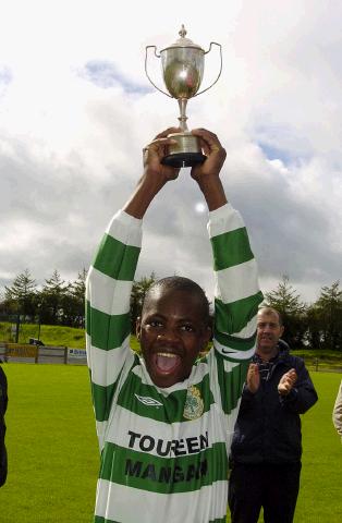 Castlebar Celtic v Westport. Celtic Team captain Noe Baba with the under 12 league cup  Photo Ken Wright. 