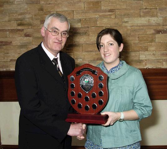 Mayo Schoolboys, Girls and Youths Presentations held in TF Royal Hotel & Theatre
Ballyvary Blue Bombers under 12s Girls League winners, presentation to Aoife McDonagh (Coach) by Michael Fox (Registrar Mayo Schoolboys, Girls and Youths).  Photo  Ken Wright Photography 2007. 
