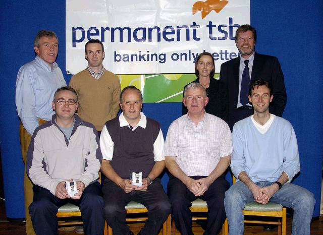 Castlebar Tennis Club Captains Day Competitions sponsored by permanent tsb
Winners and runners up mens section A Front L-R: Neil Ferriter and Martin Moylette (winners), Paul Gavin and Enda Lyons (runners up) Back L-R: John ODonohue (Club Chairman), Kevin Egan Mens Captain, Bertha Munnelly, Lady Captain, Paul OHara (Manager permanent tsb Castlebar sponsor) Photo  Studio 094.

