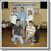 Pictured at Castlebar Tennis Club recently are a group of young climbers (Brendan, Martin and Brian) whom aim to climb Kilimanjoro in September 2007 in aid of cancer research at St. James's Hospital. They are pictured recieving the proceeds of a tennis charity tournament which was sponsored by Eddie Egan Jewellers. Front: Brian King and Martin Moran. Back (L - R): Kevin Egan (Captain, Castlebar Tennis Club), Brendan Coleman, Bertha Munnelly (Lady Captain, Castlebar Tennis Club), Donal Coleman. Photo: Ken Wright Photography